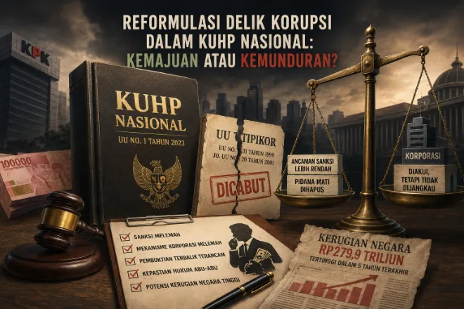 Analisis kritis mengenai reformulasi delik korupsi dalam kuhp nasional, mulai dari penurunan ancaman sanksi, pengaturan pertanggungjawaban pidana korporasi, hingga implikasinya terhadap efektivitas pemberantasan korupsi di indonesia.