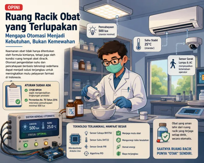 Keamanan obat tidak hanya ditentukan oleh komposisi kimianya, tetapi juga oleh kondisi ruang tempat obat diracik. otomasi pengendalian suhu dan pencahayaan berbasis teknologi sederhana dapat menjadi solusi terjangkau untuk meningkatkan mutu pelayanan farmasi di indonesia.